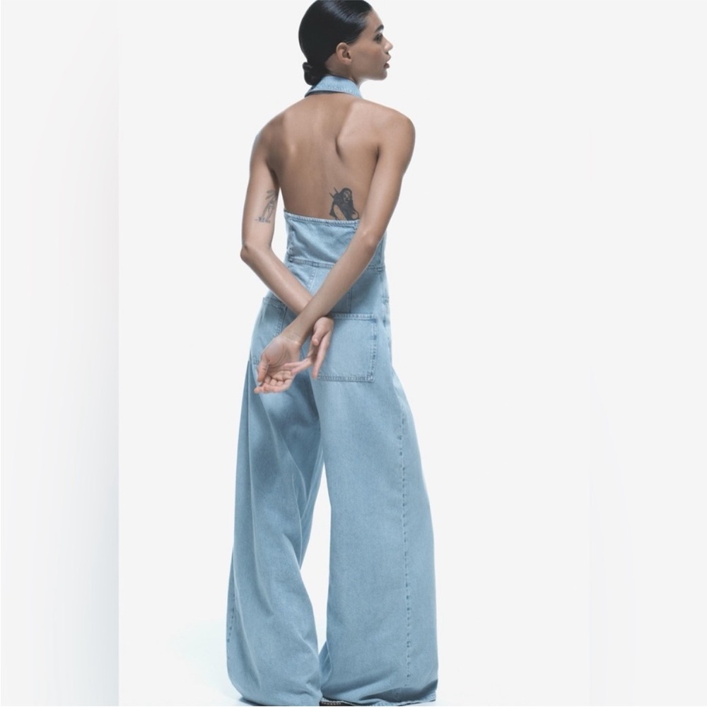 ZARA Light Blue Denim Jumpsuit SIZE: XS - Picture 3 of 15